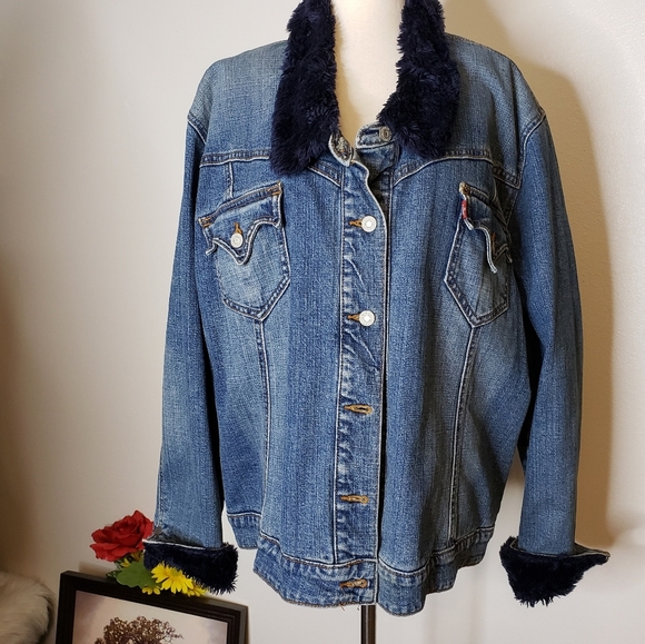 RARE! Authentic Vintage Levis NAVY Sherpa Trucker Denim Jean Quilted Jacket Fall - Picture 7 of 12